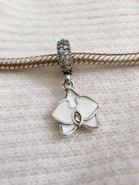 White Orchid Flower Charm with Clear Crystal Accent Charm For Pandora Bracelet